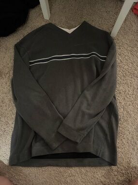 Men's V-Neck Knit Sweater in Olive with Chest Stripe